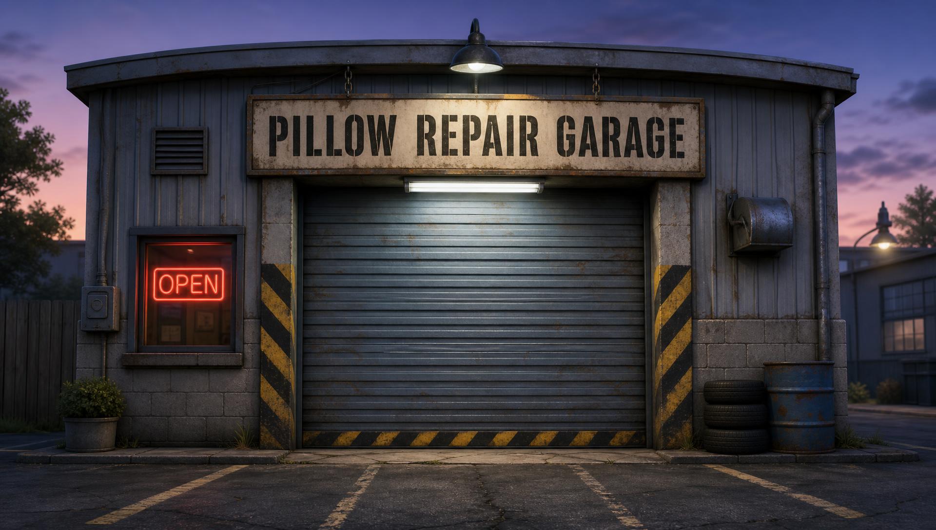 The Pillow Repair Garage storefront at dusk, roll-up door closed
